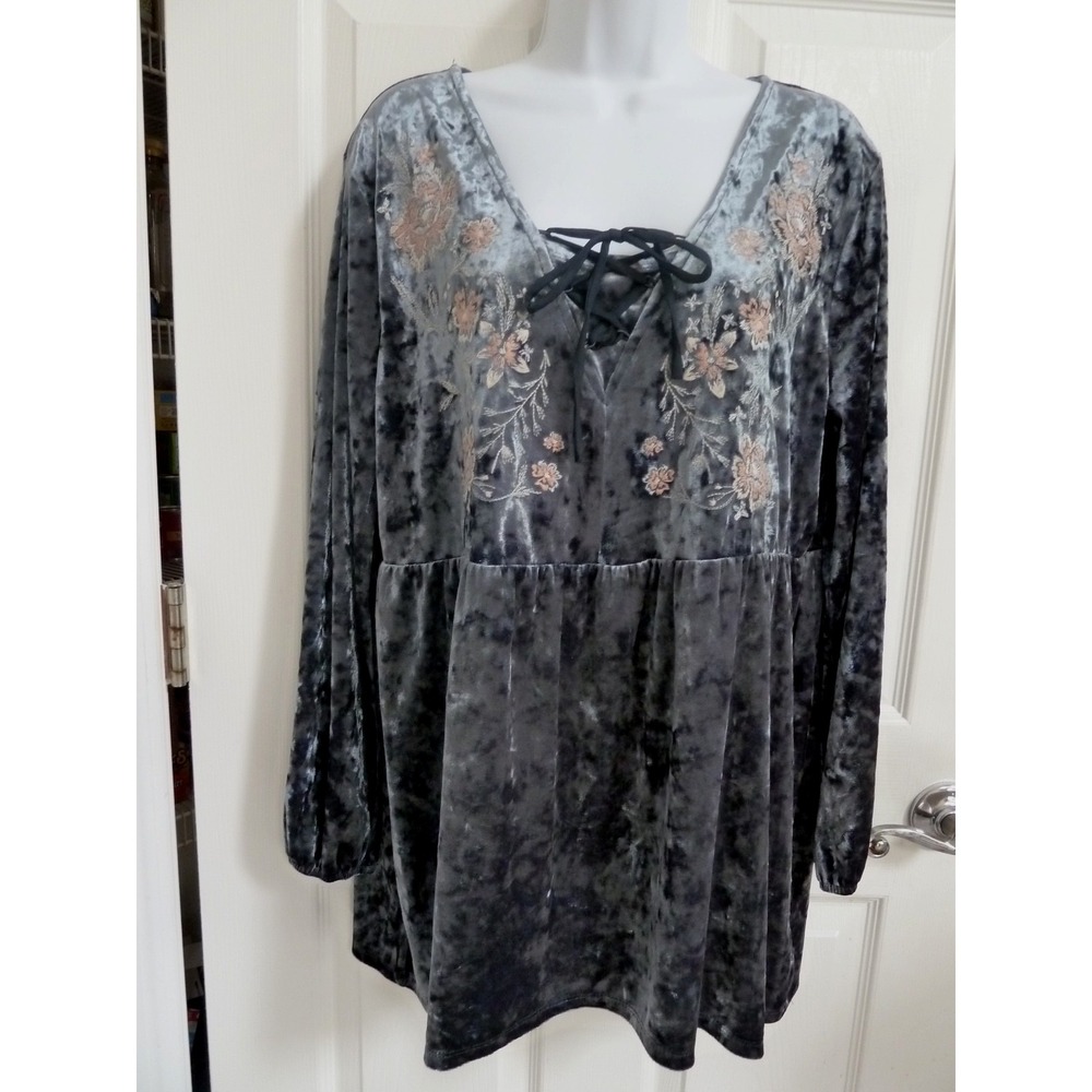 Style & Co Bluish Gray Crushed Velvet Lace Up Embroidered Peasant Blouse Tunic L